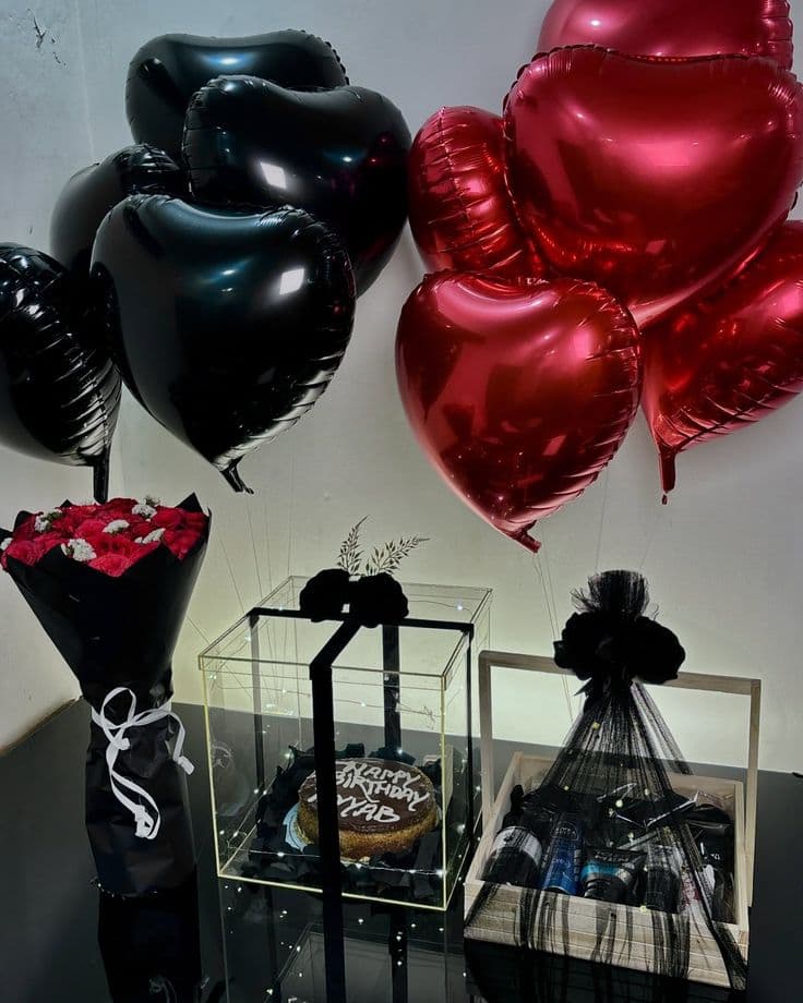 Birthday Gift Set with Red & Black Heart Balloons